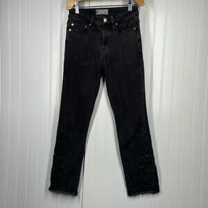 Free People Women’s Black Cropped Straight Leg Boho Jeans Size 24 Denim Pants